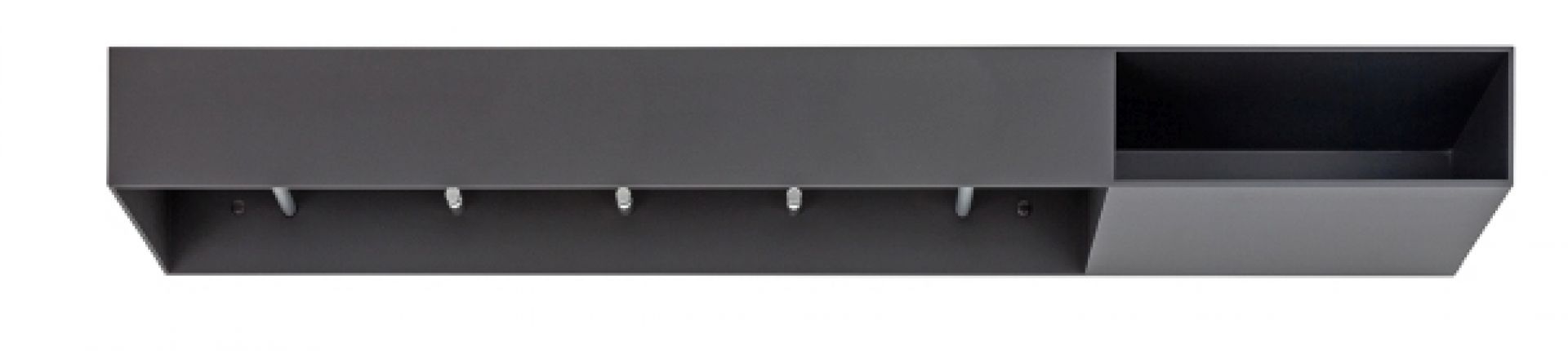 Horizontale, graue Schönbuch Garderobe mit fünf Haken und Ablagefach für Schlüssel und Accessoires.